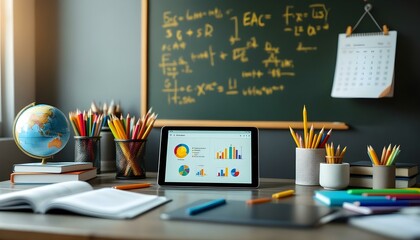 A classroom desk with books, a globe, pencils, and a tablet in front of a chalkboard filled with math equations. Perfect for education, e-learning, and academic concepts.