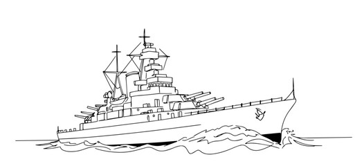 battleship sailing through rough waters, its cannons ready line art one line vector