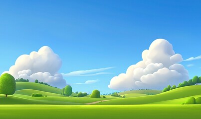 Rolling green hills beneath a bright blue sky dotted with fluffy white clouds create a serene, natural scene
