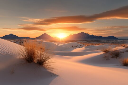 Stunning sunset over gentle sand dunes with distant mountains illuminated by golden light