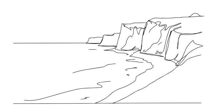 cliffs of &Eacute;tretat along the Normandy coastline linear monoline vector black and white graphic thin oneline