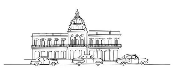 Obraz premium Cuba’s colonial architecture in Havana with classic cars linear monoline vector black and white graphic thin oneline