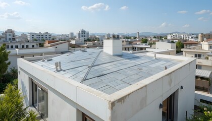 Fototapeta premium Urban rooftop view with buildings and blue sky in the background.