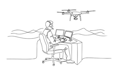 drone operator sitting in a control room, piloting an unmanned aircraft from miles away linear monoline vector black and white graphic thin oneline