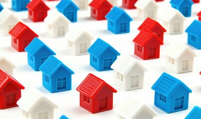 Rows of red, white, and blue miniature house figurines scattered across a white surface create a symbolic, patriotic pattern