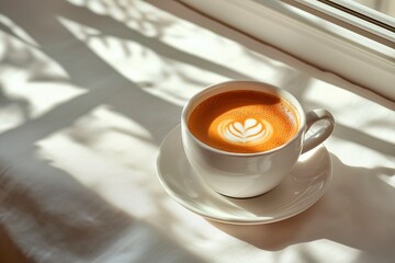 窓際のテーブルの上に置かれたコーヒー
