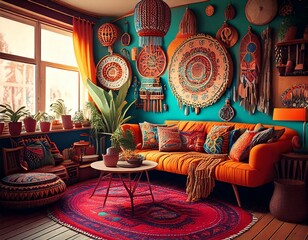 living room in colorful boho, hippie, ibiza style