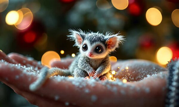 Miniature Whimsical Creature In Snowy Hands With Sparkling Lights