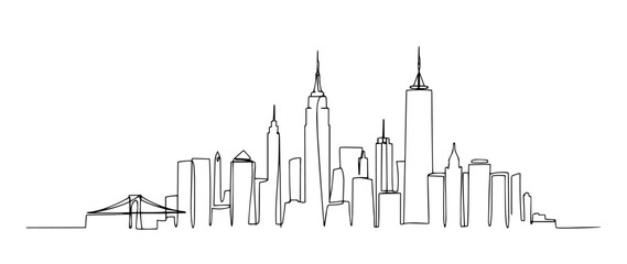 New York City panorama linear monoline vector black and white graphic thin oneline