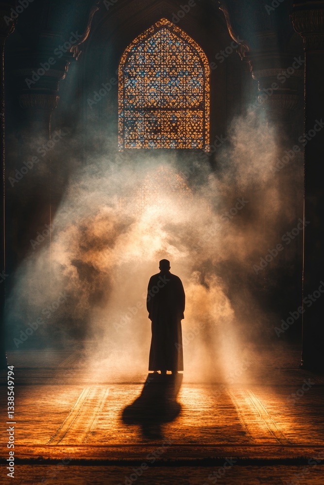 Poster a person stands in front of a large stained glass window with intricate designs and colors
