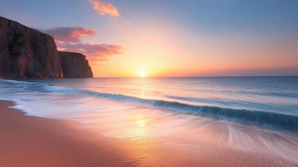 Obraz premium Seaside cliffs landscapes concept. Stunning sunset view over a tranquil beach with gentle waves and colorful sky.