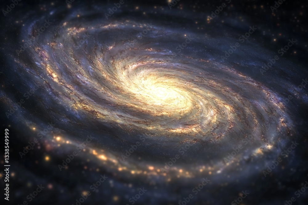 Poster swirling spiral galaxy with bright core and distant stars captured in the vastness of space