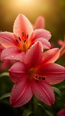 Obraz premium Dew-Kissed Crimson Lily in Golden Light