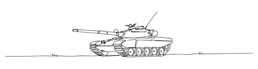Obraz premium tank rolling through an empty field, its turret scanning for targets line art vector monoline illustration