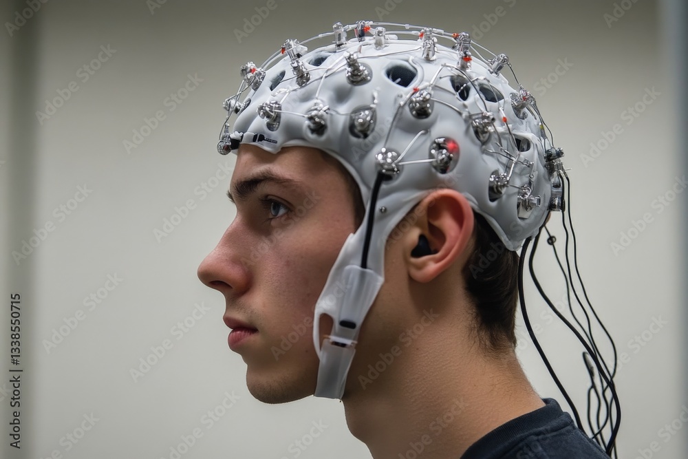 Poster young male participant undergoing brain activity monitoring in a research lab during a neuroscience 