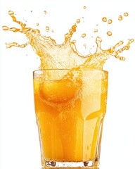Refreshing splash of vibrant orange juice in a glass against a pristine white background creating a dynamic and invigorating visual