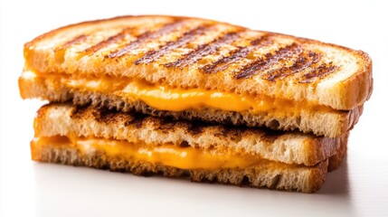 Fototapeta premium Delicious grilled cheese sandwich stacked high on a white surface showcasing melted cheese and toasted bread perfect for food photography