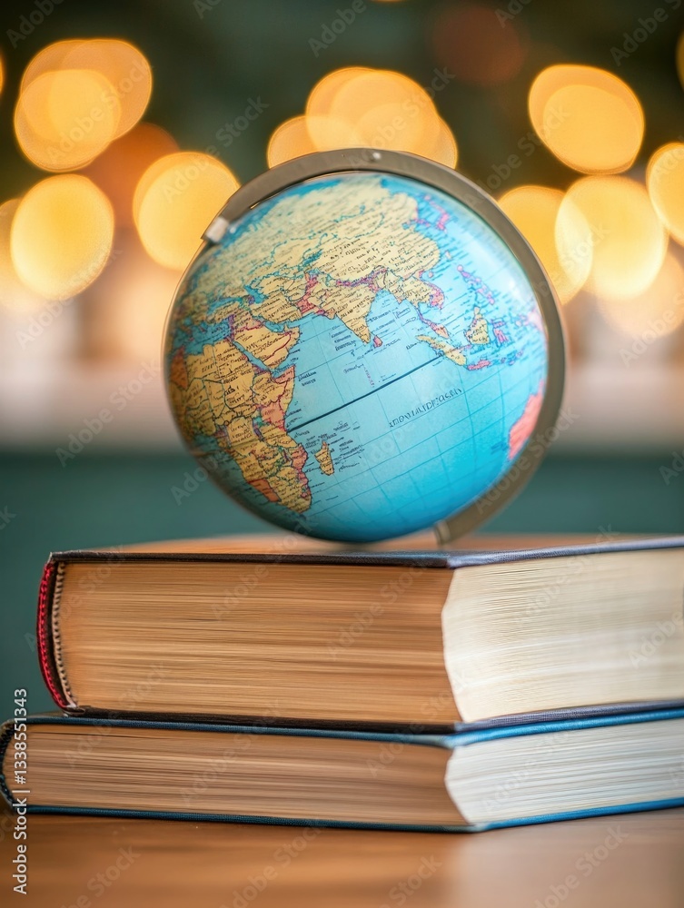Aufkleber a globe sits atop a stack of books, symbolizing knowledge and exploration