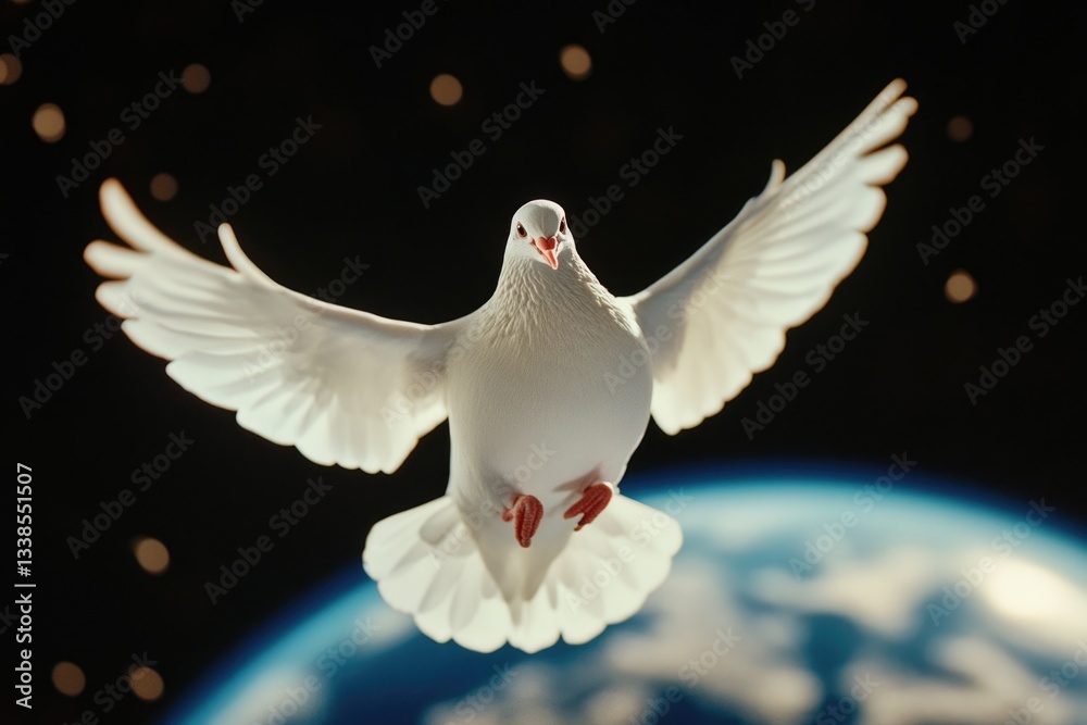 Poster a white dove in flight with its wings spread wide, suitable for use in scenes of peace and serenity