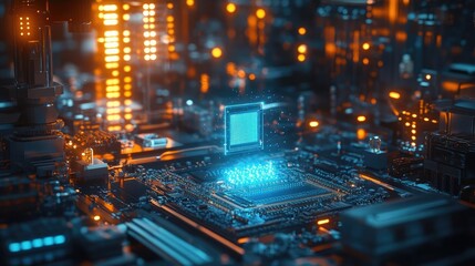 Glowing Circuit Board With Central Microchip Close Up With Blue And Orange Lights Showing Detail And Energy In Electronics Background Showing Modern Technology Illustration Design With Abstract