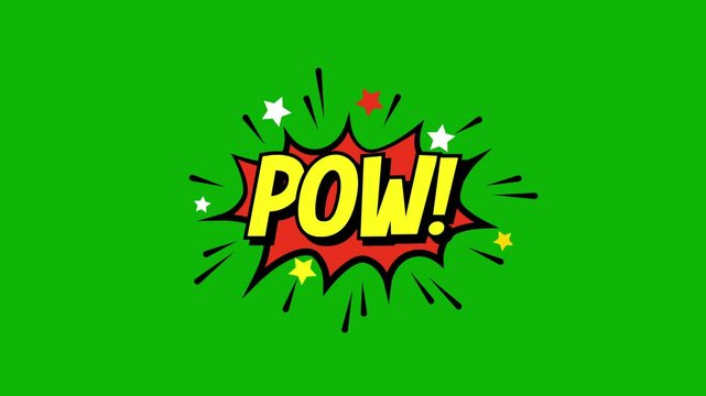 A comic strip cartoon animation, with the word pow appearing. cartoon bubble explosions. pow comic text message animation on green screen background. 4k