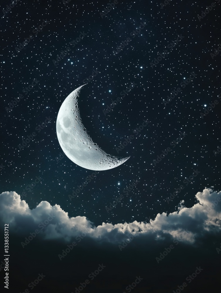 Aufkleber a crescent shape of the moon is visible through the clouds on a clear and dark night sky, perfect fo