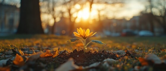 Radiant yellow flower emerges from earth at sunset in a park landscape symbolizing hope and new beginnings