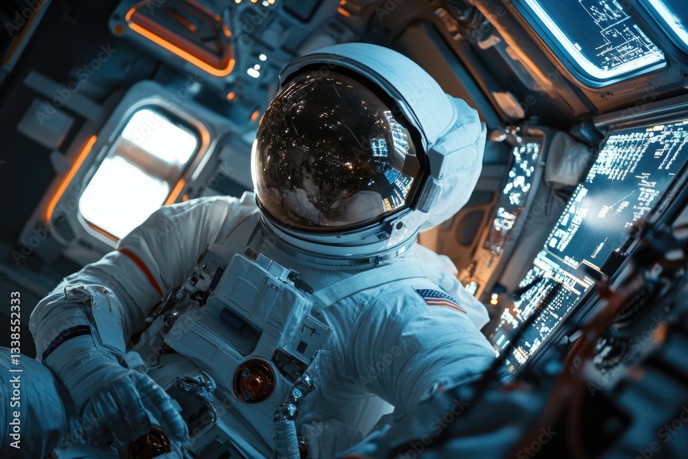 Poster astronaut sitting in a space station, wearing a spacesuit and helmet