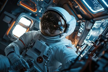Astronaut sitting in a space station, wearing a spacesuit and helmet