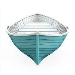 Aesthetic front view of a turquoise wooden boat with white interior detail for serene marine exploration