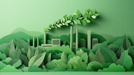 Green landscape blending nature and industry with smoke and foliage in creative design.