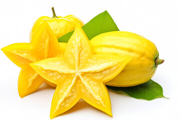Three yellow flowers with a star shape. The flowers are cut in half and are placed on a white background
