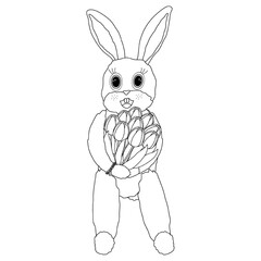 Black and white Easter coloring page featuring a cute Easter bunny holding a bouquet of tulips, Perfect for kids and holiday crafts.