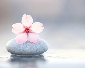 A single cherry blossom petal resting on a smooth stone, delicate and minimalist
