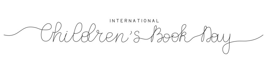 International Children's Book Day words in continuous one line art style. Minimalist black drawing of phrase. Hand drawn calligraphy quote with editable stroke. Outline handwritten script