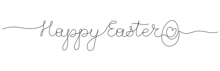 Happy Easter one line art lettering with egg, heart. Outline hand drawn script. Words in continuous style. Handwritten quote with editable stroke. Minimalist black drawing phrase on white background.