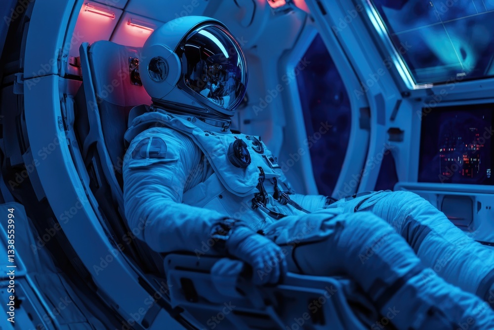 Poster an astronaut sits in a space station, wearing a spacesuit