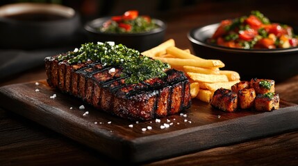 A juicy grilled steak with fresh herbs, French fries, and a side of refreshing vegetable salad, creating a perfectly balanced dish