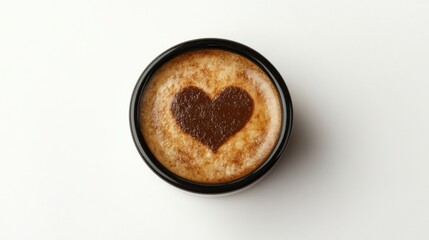 Heartfelt Coffee Art Aromatic Brew in Black Cup on White Background Overhead View Beverage Photography