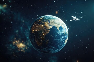 Obraz premium A plane flying over the earth at night with city lights in the background