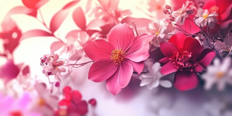 Fototapeta premium Crimson Blooms: A delicate array of radiant crimson blossoms, interspersed with subtle hues, creates a vibrant and elegant display, embodying the essence of natural beauty and grace.