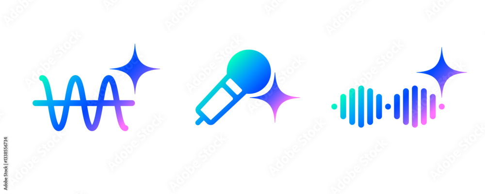 Poster ai audio tune, voice, music tuning and mastering icons or buttons vector set. ai assistant chatbot o