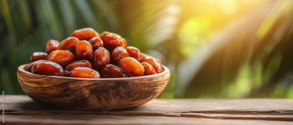 Poster a simple still life image featuring a wooden bowl filled with dates placed on a wooden table