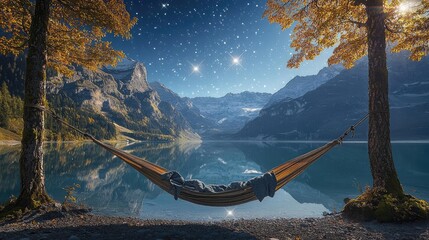 Fototapeta premium Camping under stars landscapes idea. Relaxing in a hammock under a starry sky by a serene mountain lake.