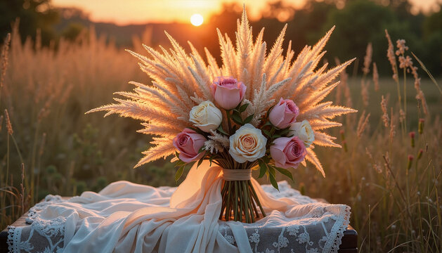 Dried pampas grass and roses displayed in a natural setting during enchanting evening twilight