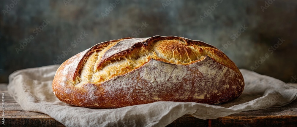 Poster a simple scene of a loaf of bread sitting on top of a piece of paper, suitable for use in still life