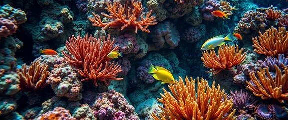 Vibrant Reef Scene Showcasing Diverse Coral and Colorful Fish in Underwater Habitat