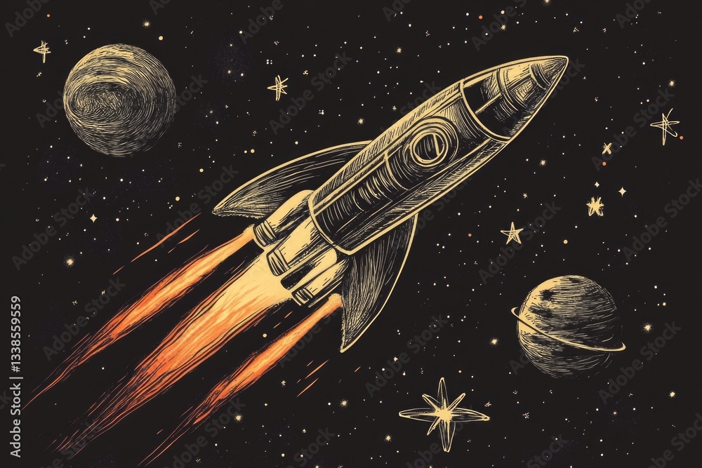 Aufkleber a rocket propels through space with a fiery trail behind