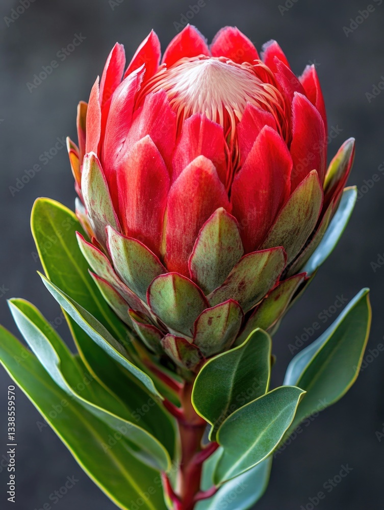 Poster A single red flower with green leaves on a stem, ideal for use in botanical illustrations or as a design element