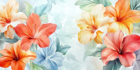 Obraz premium Floral Symphony: An array of hibiscus blooms unfolds, their vibrant petals painted in shades of orange, yellow, and red, creating a spectacle of floral beauty.